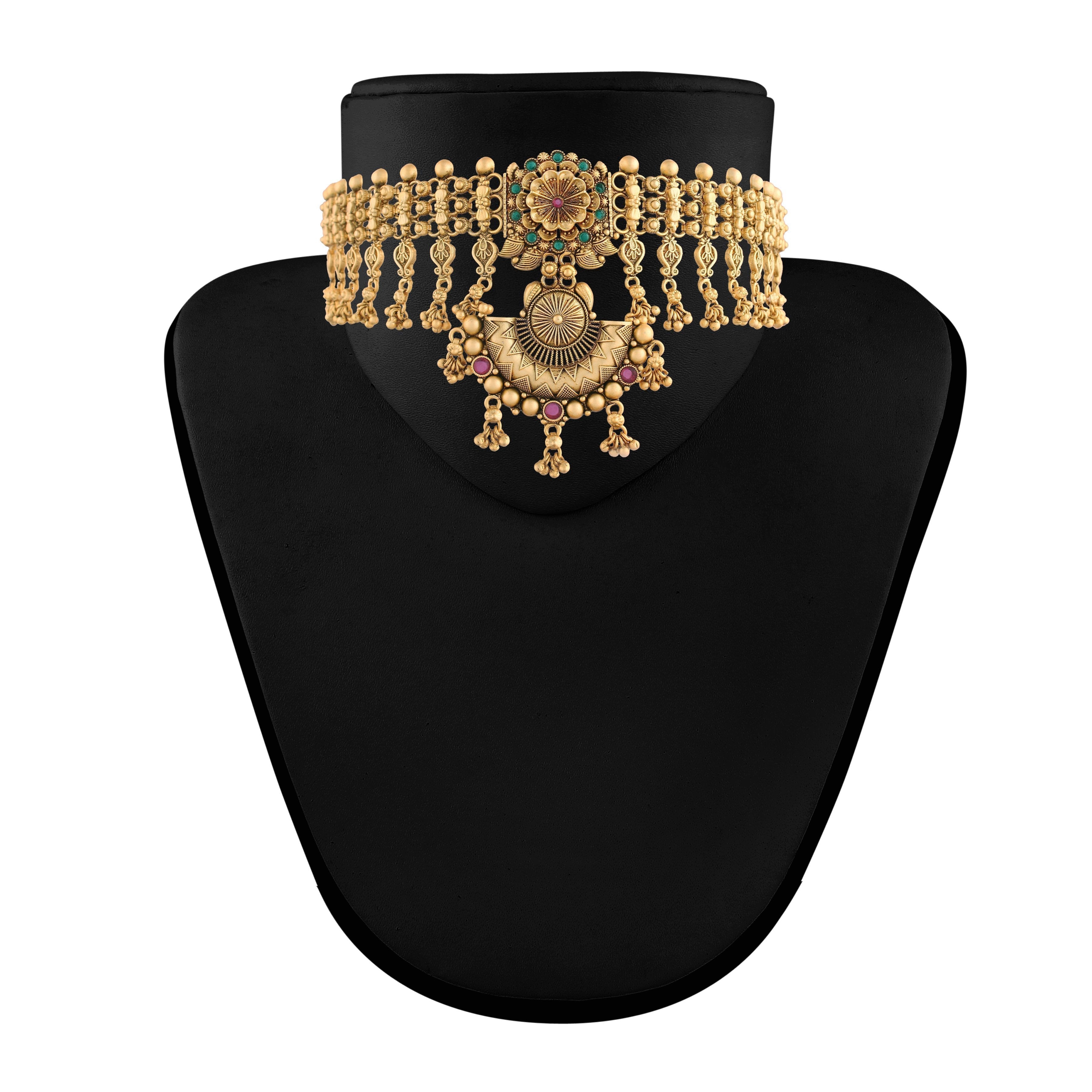 Women's 18k Gold Plated Traditional Choker Brass Jewellery Set With Earrings