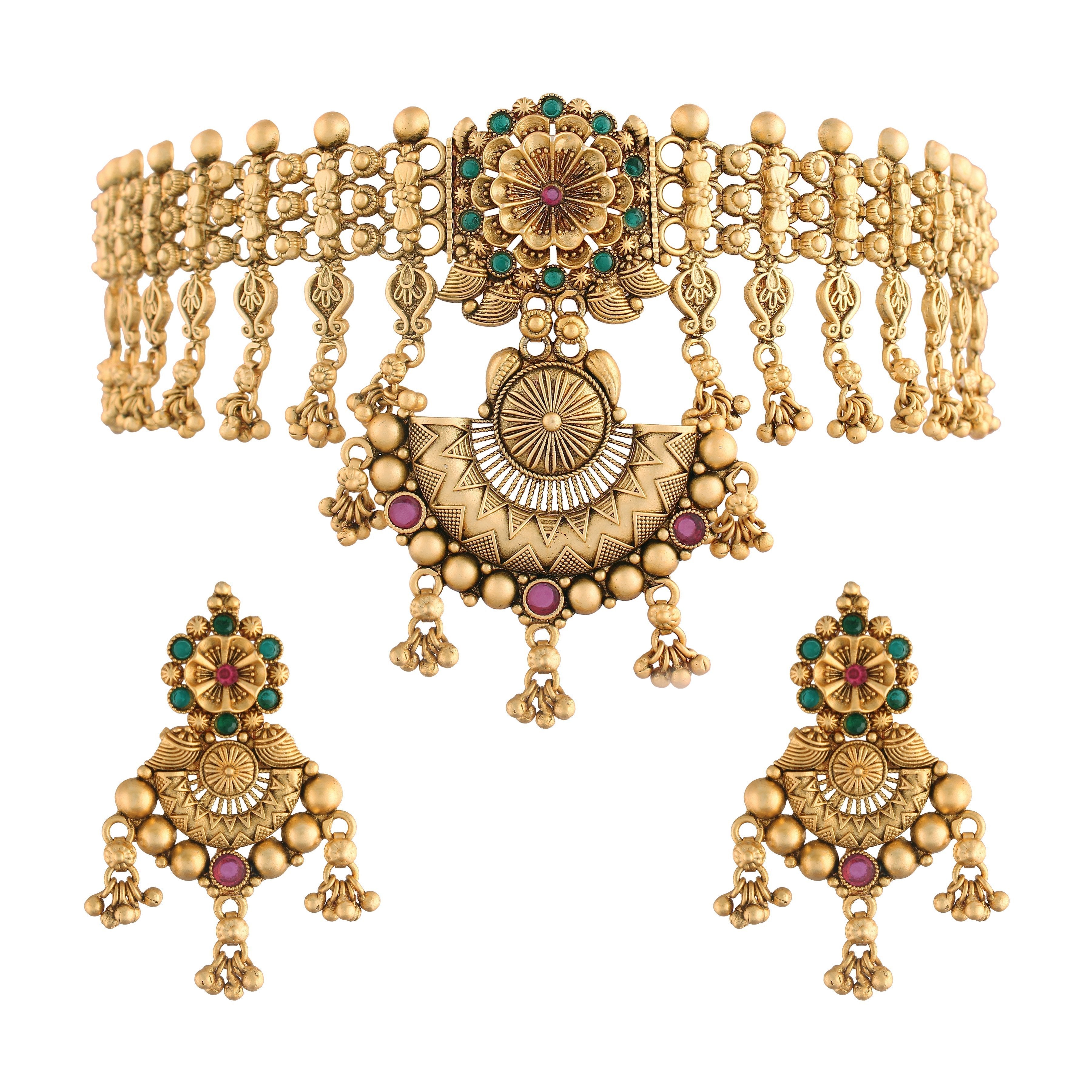 Women's 18k Gold Plated Traditional Choker Brass Jewellery Set With Earrings