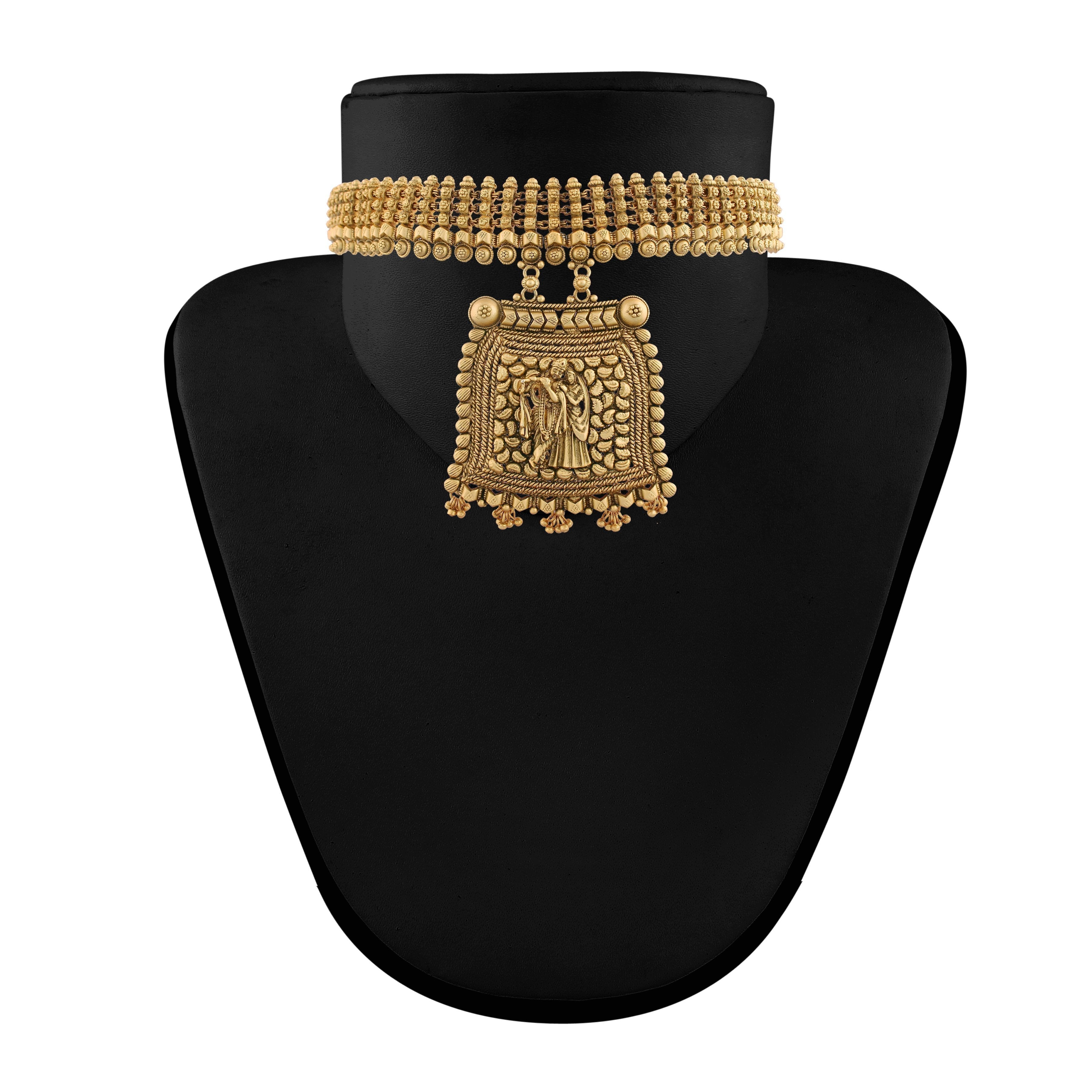 Women's 18k Gold Plated Traditional Choker Brass Jewellery Set With Earrings