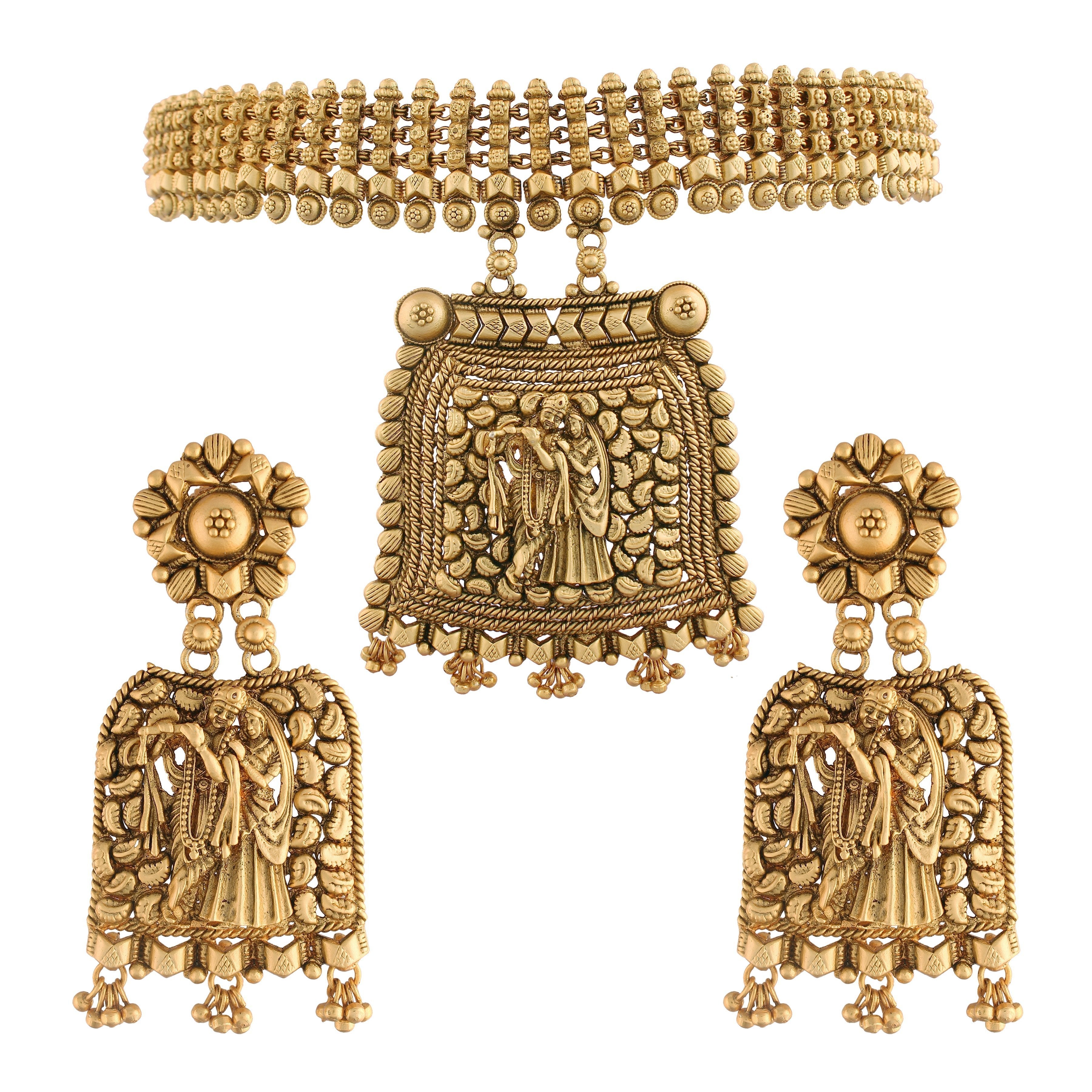 Women's 18k Gold Plated Traditional Choker Brass Jewellery Set With Earrings