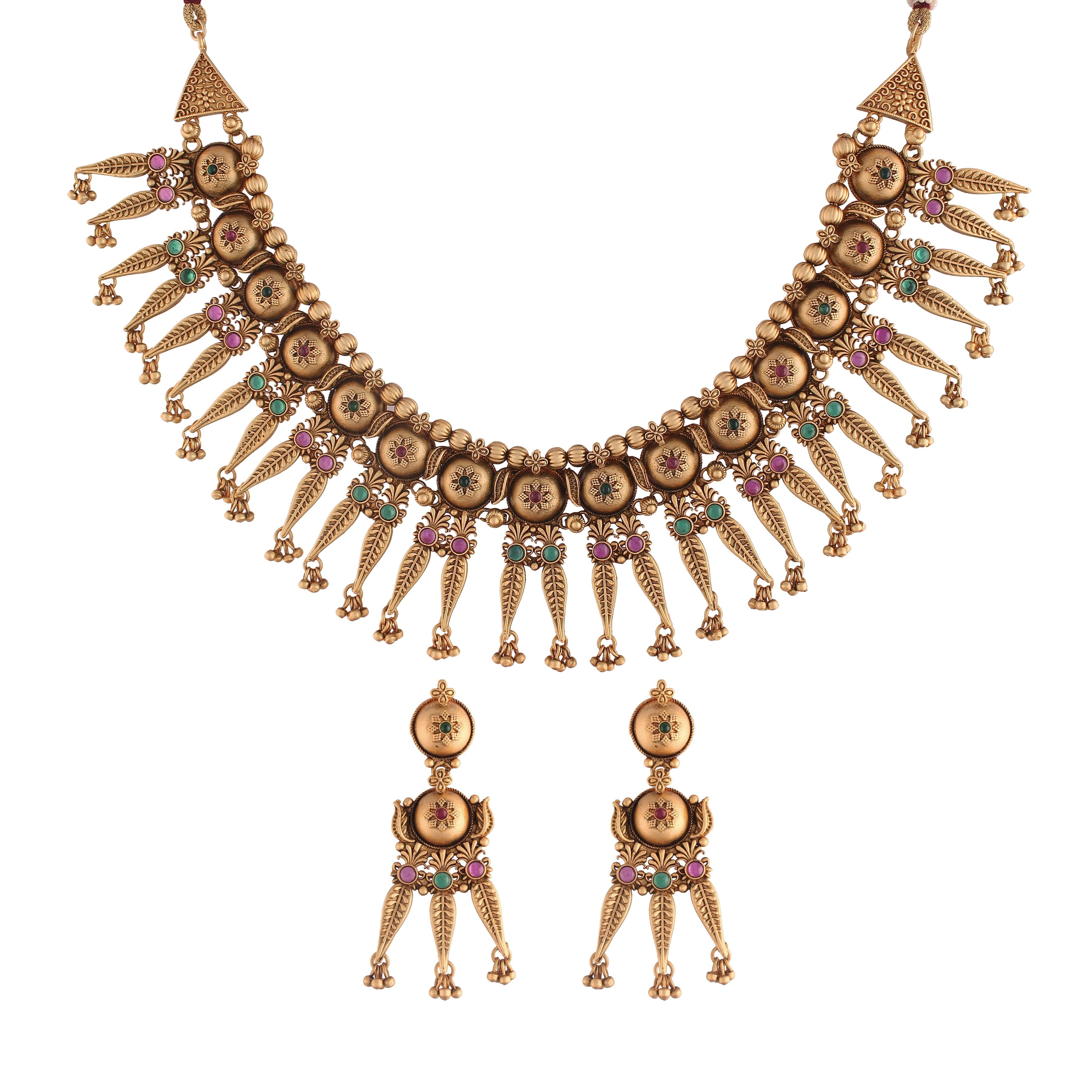 Women's 18k Gold Plated Traditional Choker Brass Jewellery Set With Earrings