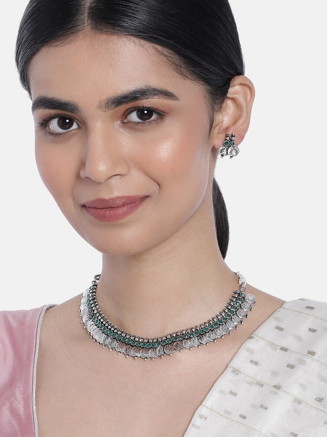Women's 18K Rhodium Plated Traditional South Indian Stylish Necklace With Earrings.