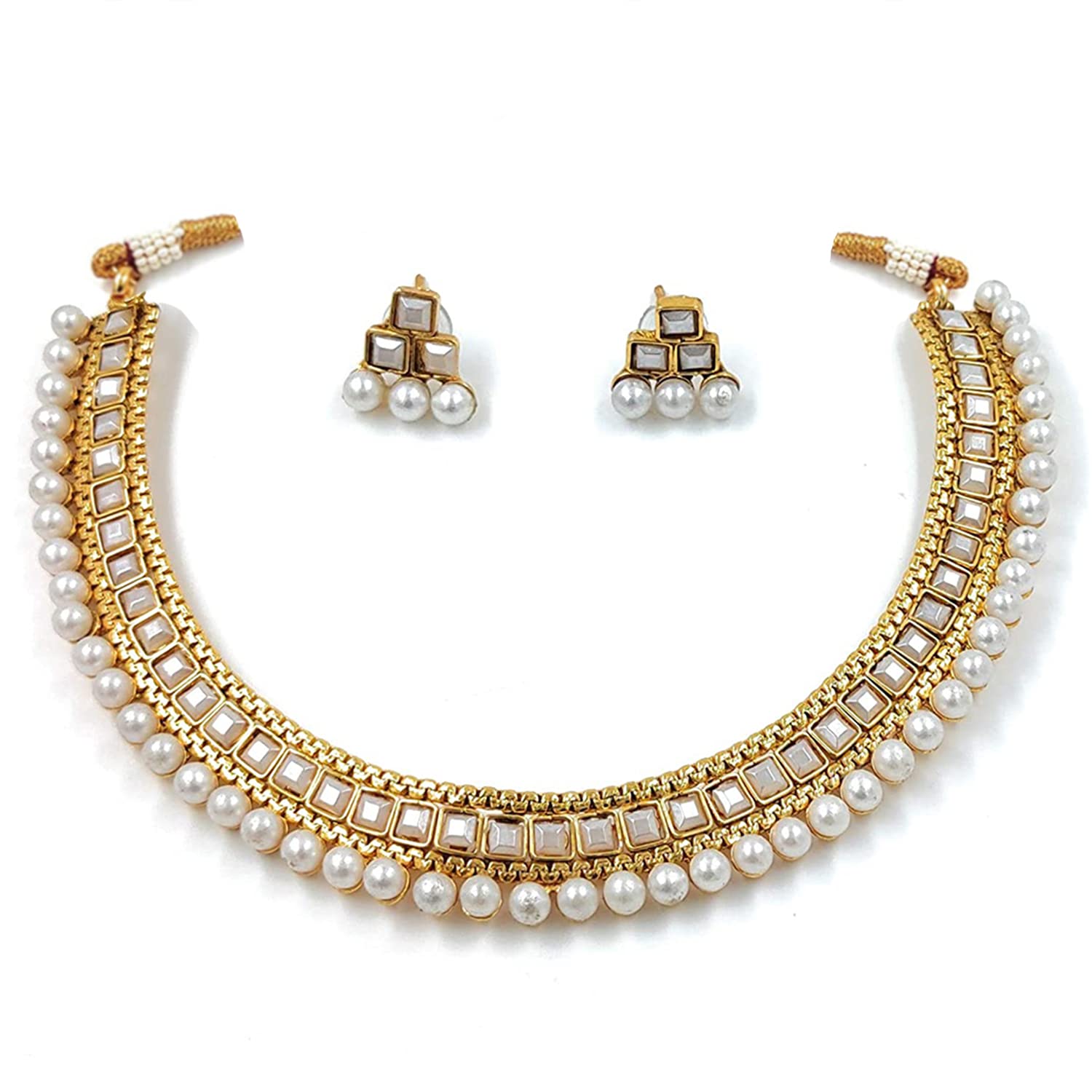 Women's Gold Plated Traditional White Choker Necklace Jewellery Set