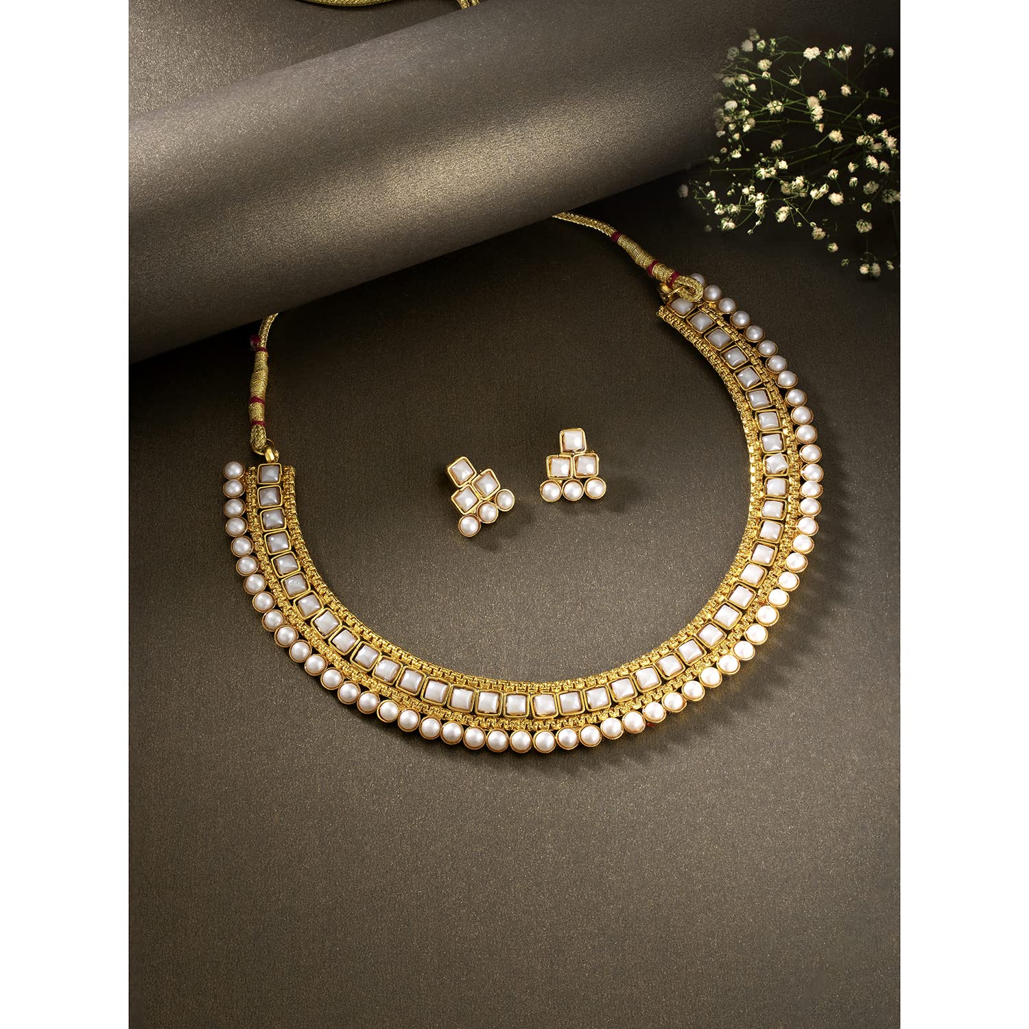 Women's Gold Plated Traditional White Choker Necklace Jewellery Set