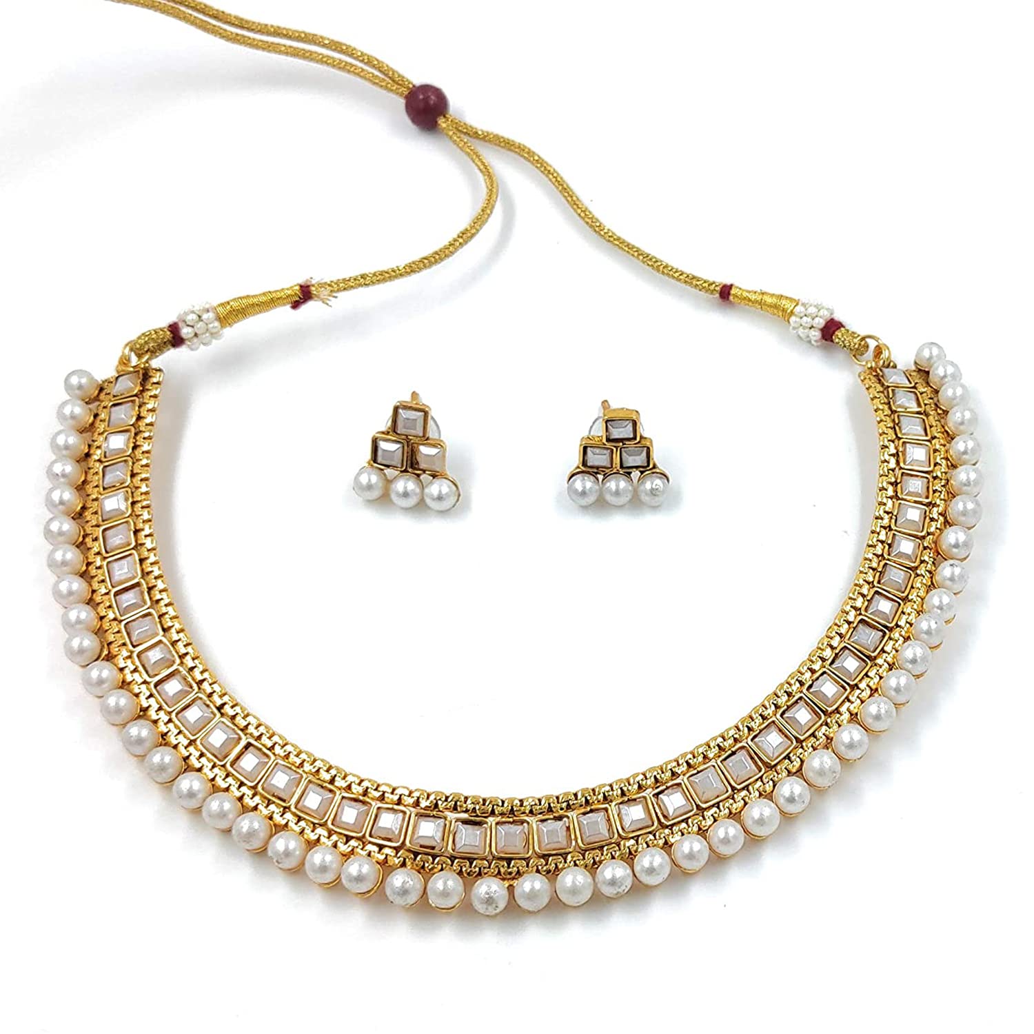 Women's Gold Plated Traditional White Choker Necklace Jewellery Set