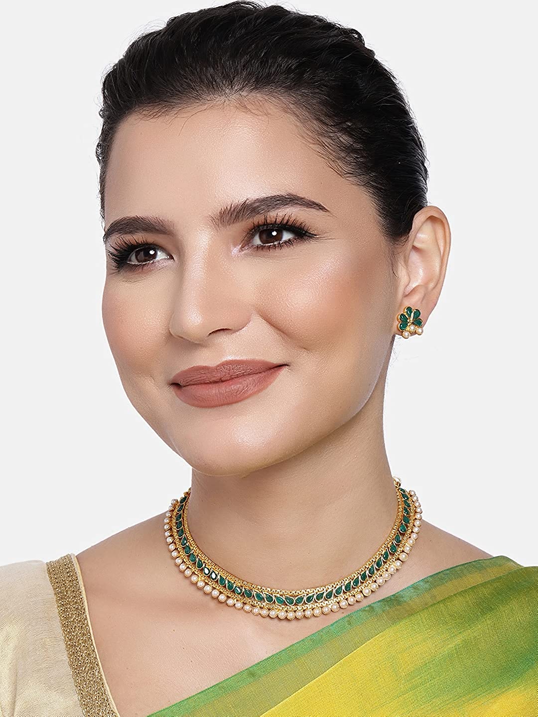 Women's Gold Plated Traditional Green Choker Necklace Jewellery Set