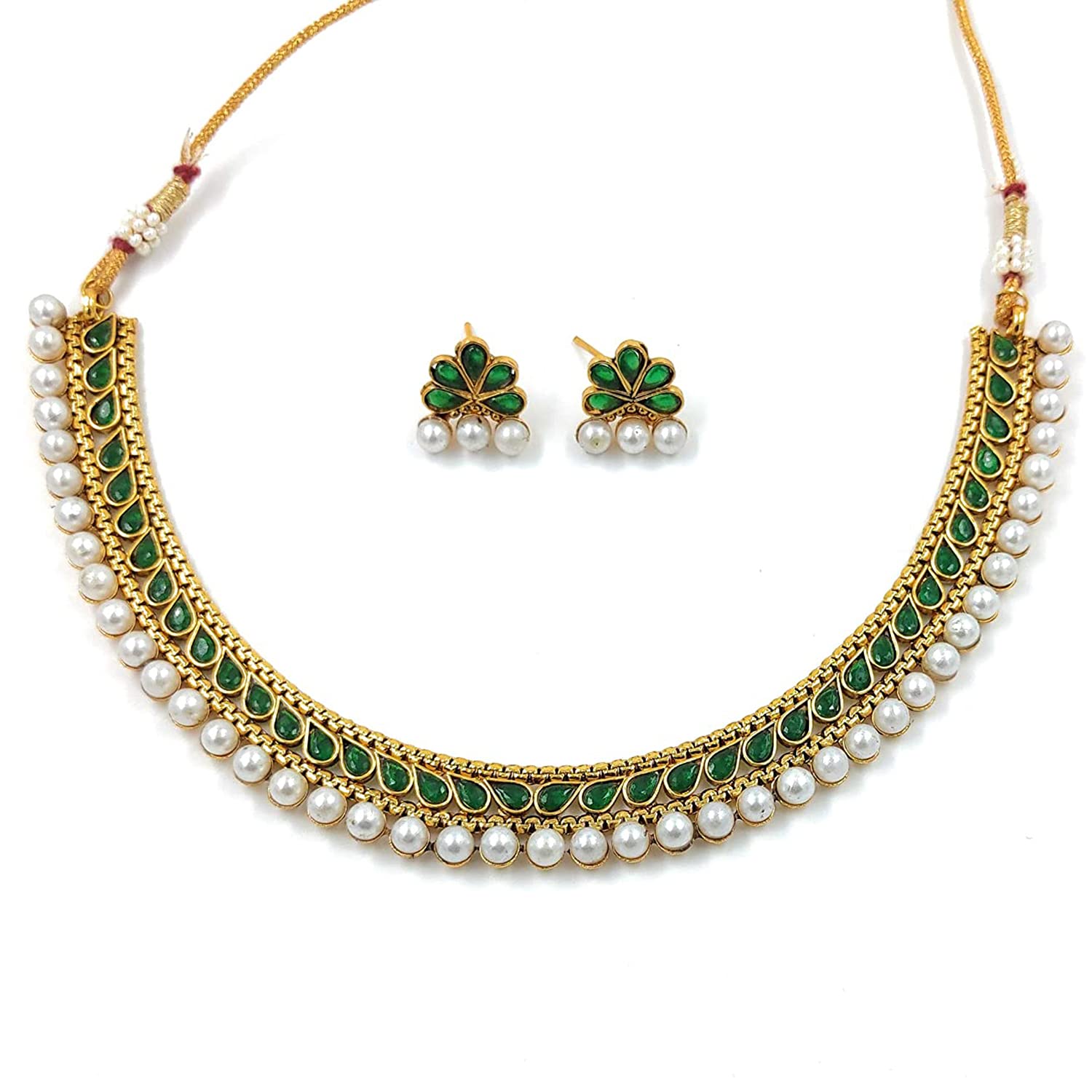 Women's Gold Plated Traditional Green Choker Necklace Jewellery Set