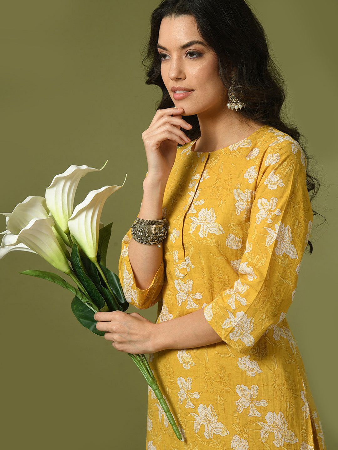 Women's  Yellow Printed Cotton Round Neck Party Tunic With Trousers Co-Ord Set  - Myshka