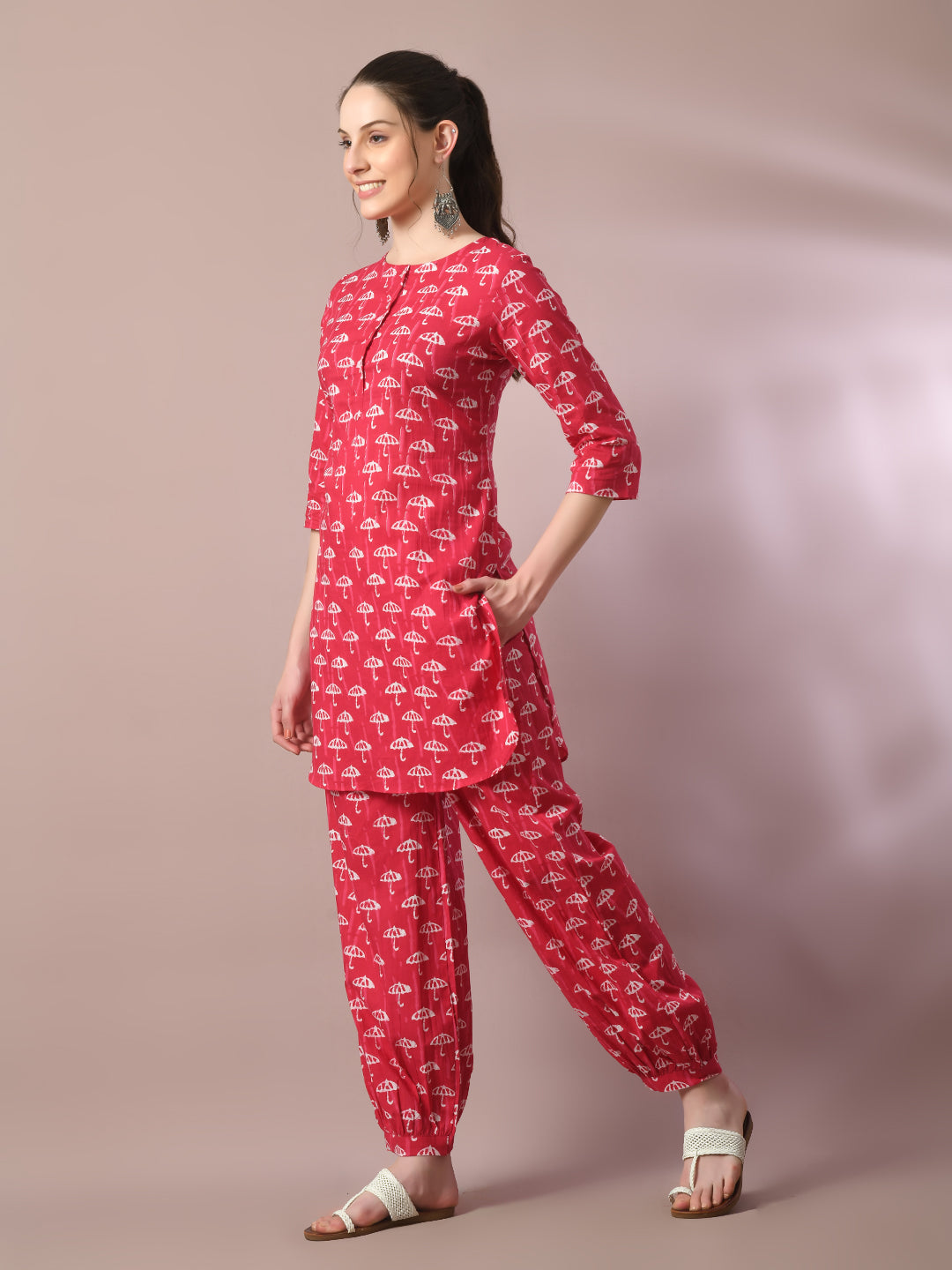 Women's  Pink Printed Cotton Round Neck Party Tunic With Trousers Co-Ord Set  - Myshka