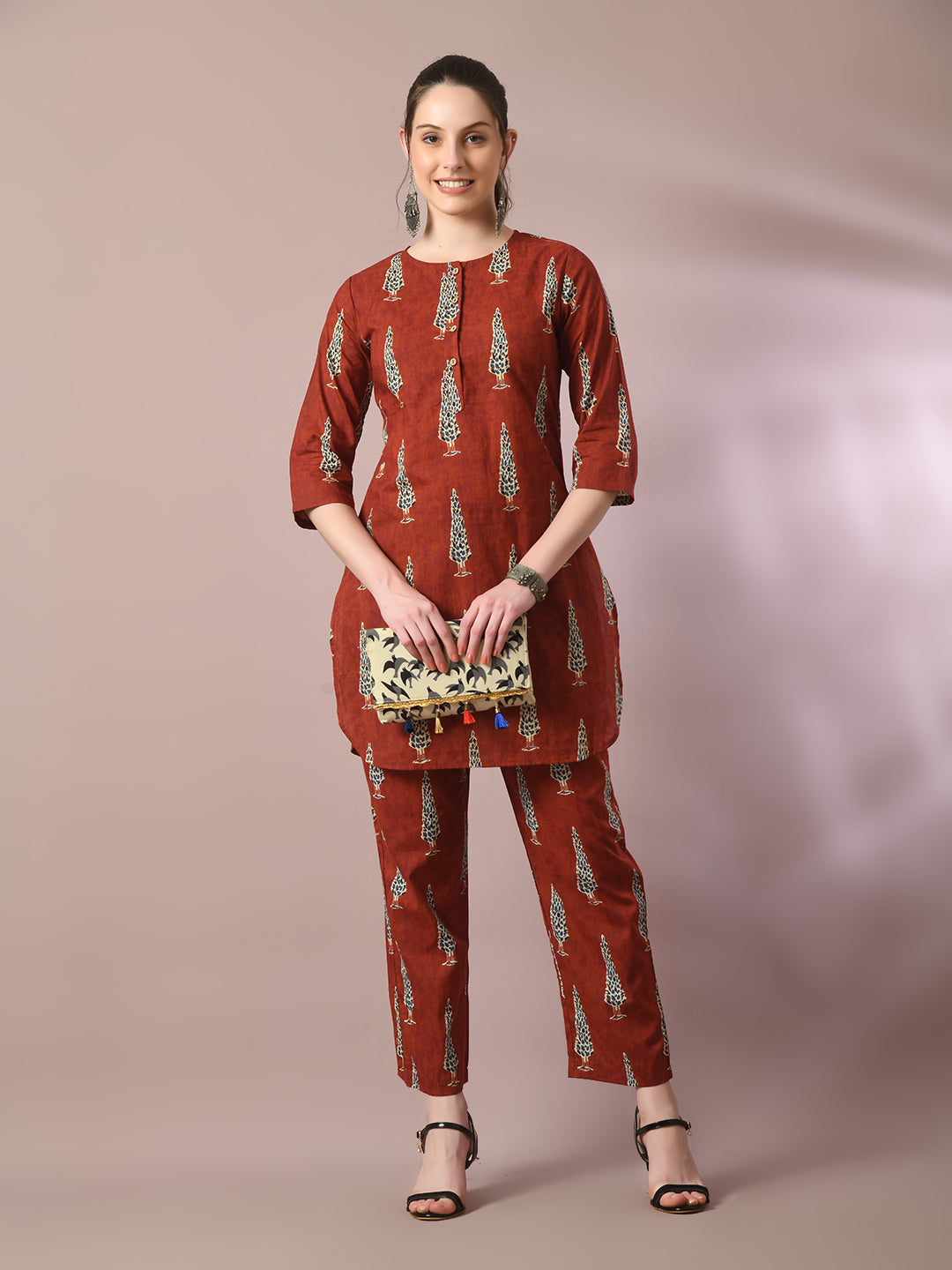 Women's  Rust Printed Cotton Round Neck Party Tunic With Trousers Co-Ord Set  - Myshka