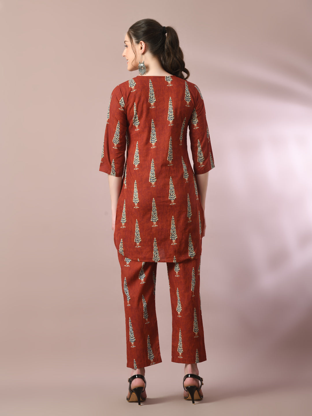 Women's  Rust Printed Cotton Round Neck Party Tunic With Trousers Co-Ord Set  - Myshka