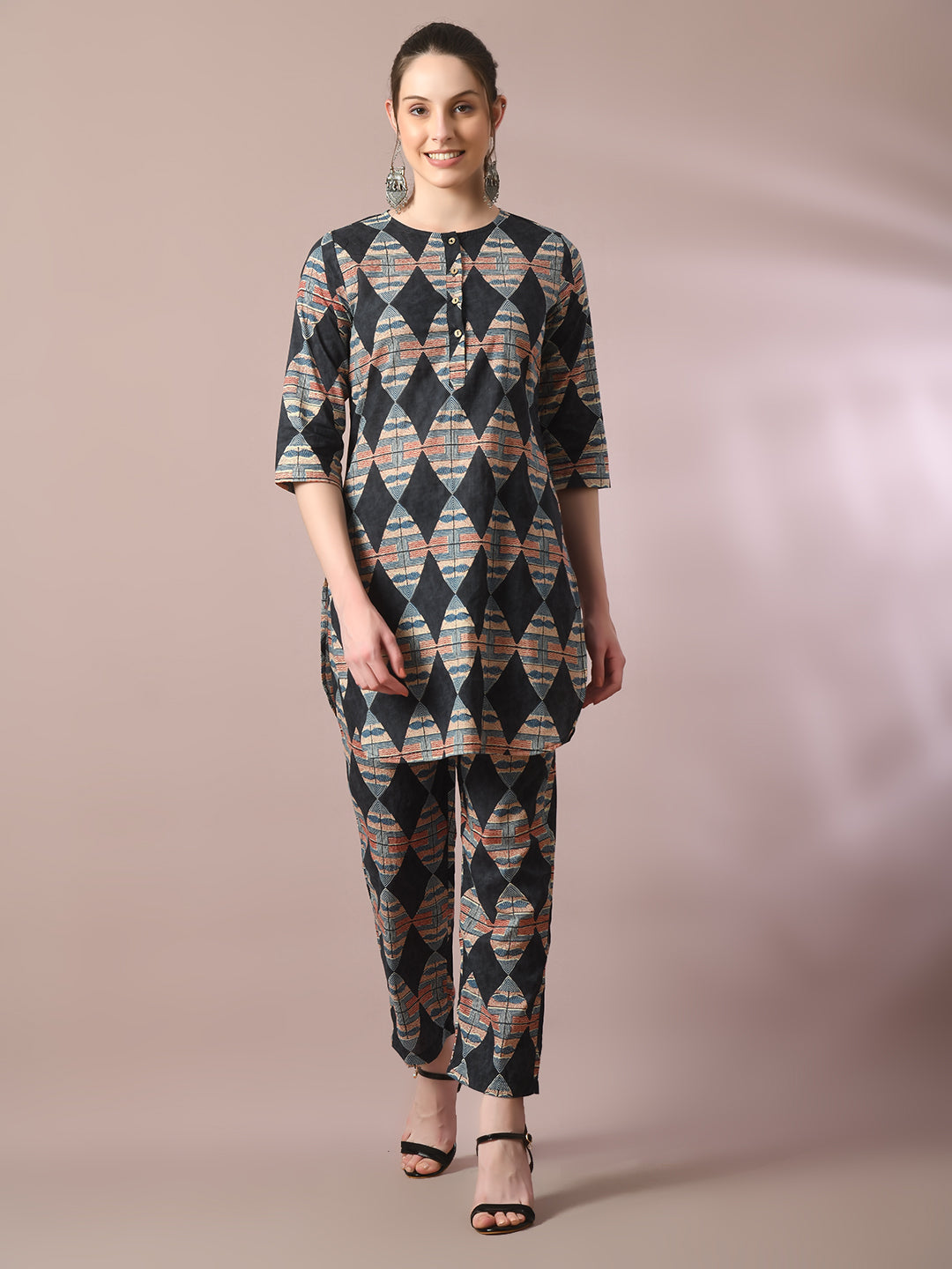 Women's  Multi Printed Cotton Round Neck Party Tunic With Trousers Co-Ord Set  - Myshka