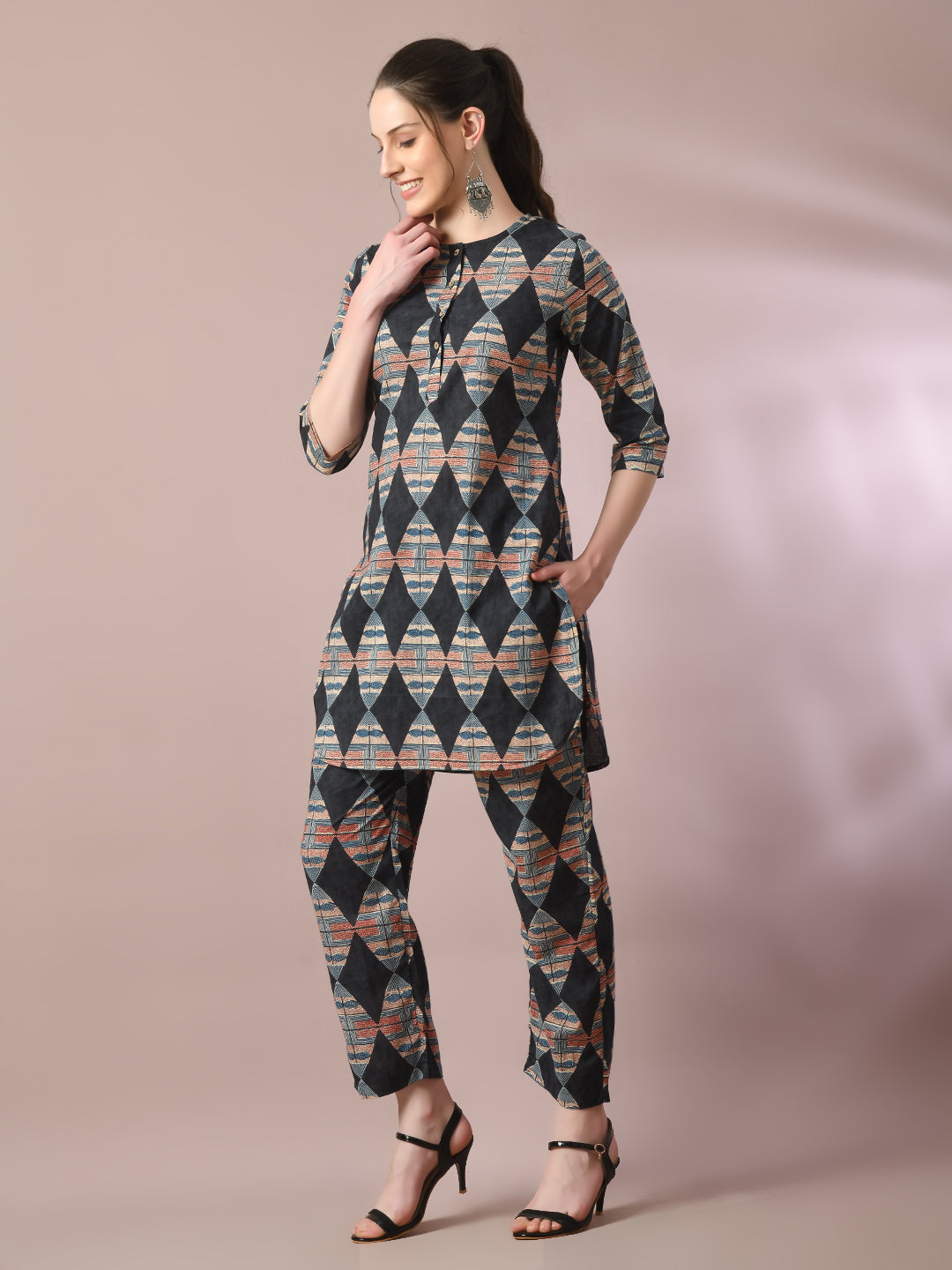 Women's  Multi Printed Cotton Round Neck Party Tunic With Trousers Co-Ord Set  - Myshka