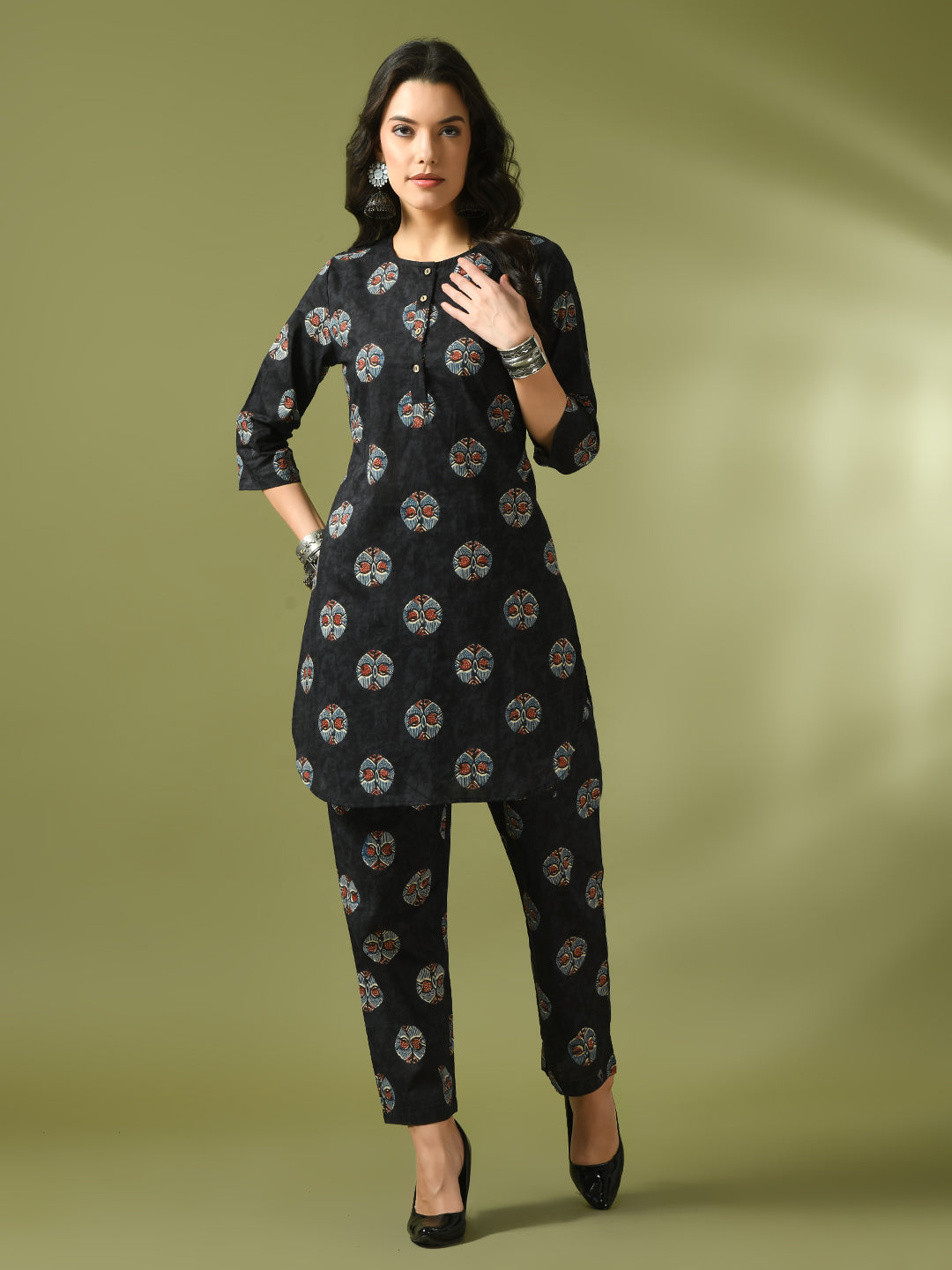 Women's  Black Printed Cotton Round Neck Party Tunic With Trousers Co-Ord Set  - Myshka