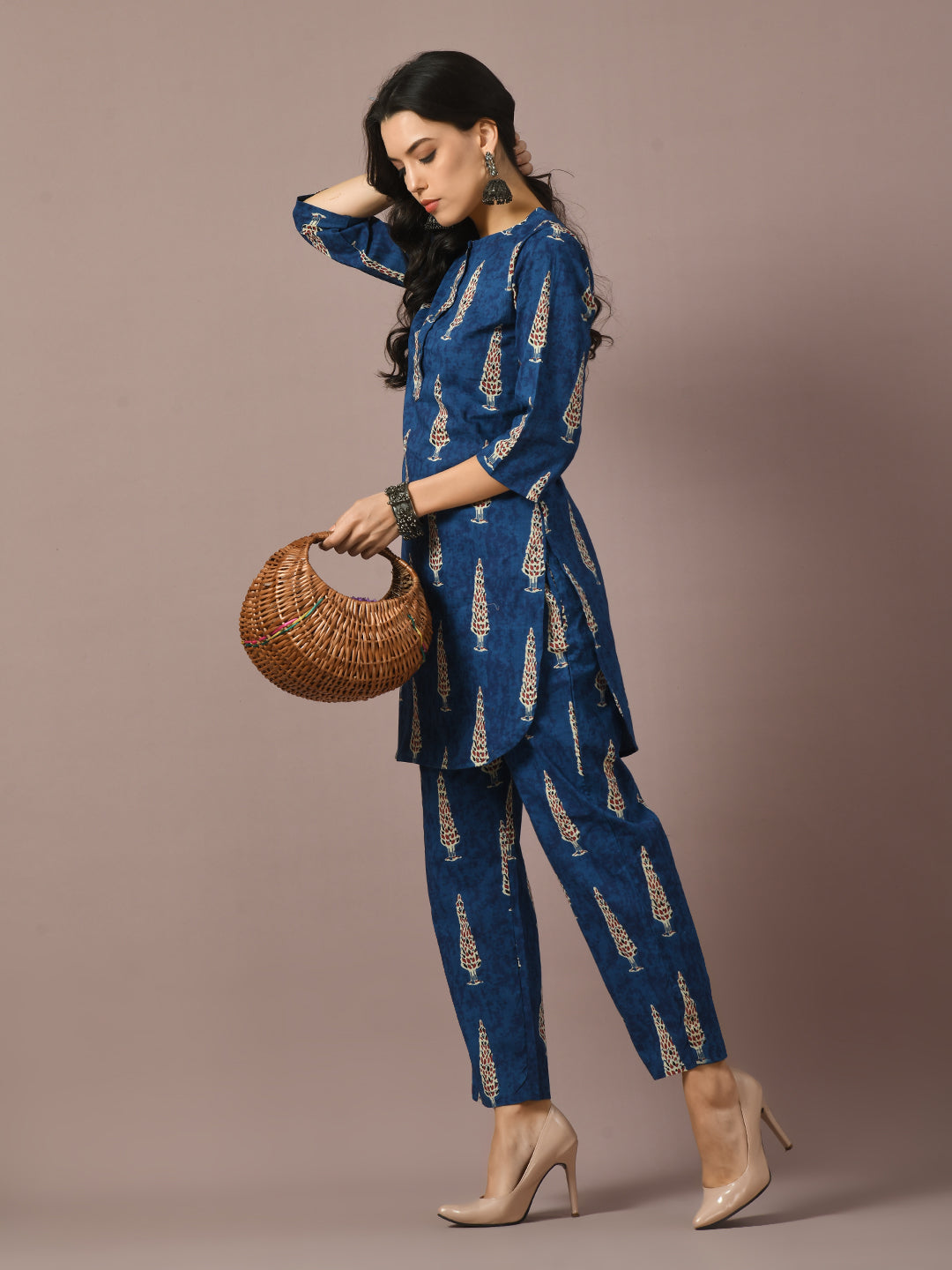 Women's  Blue Printed Cotton Round Neck Party Tunic With Trousers Co-Ord Set  - Myshka