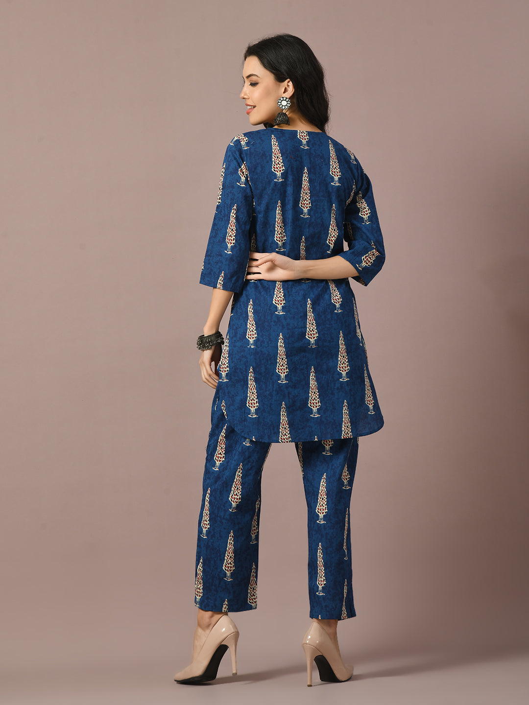 Women's  Blue Printed Cotton Round Neck Party Tunic With Trousers Co-Ord Set  - Myshka