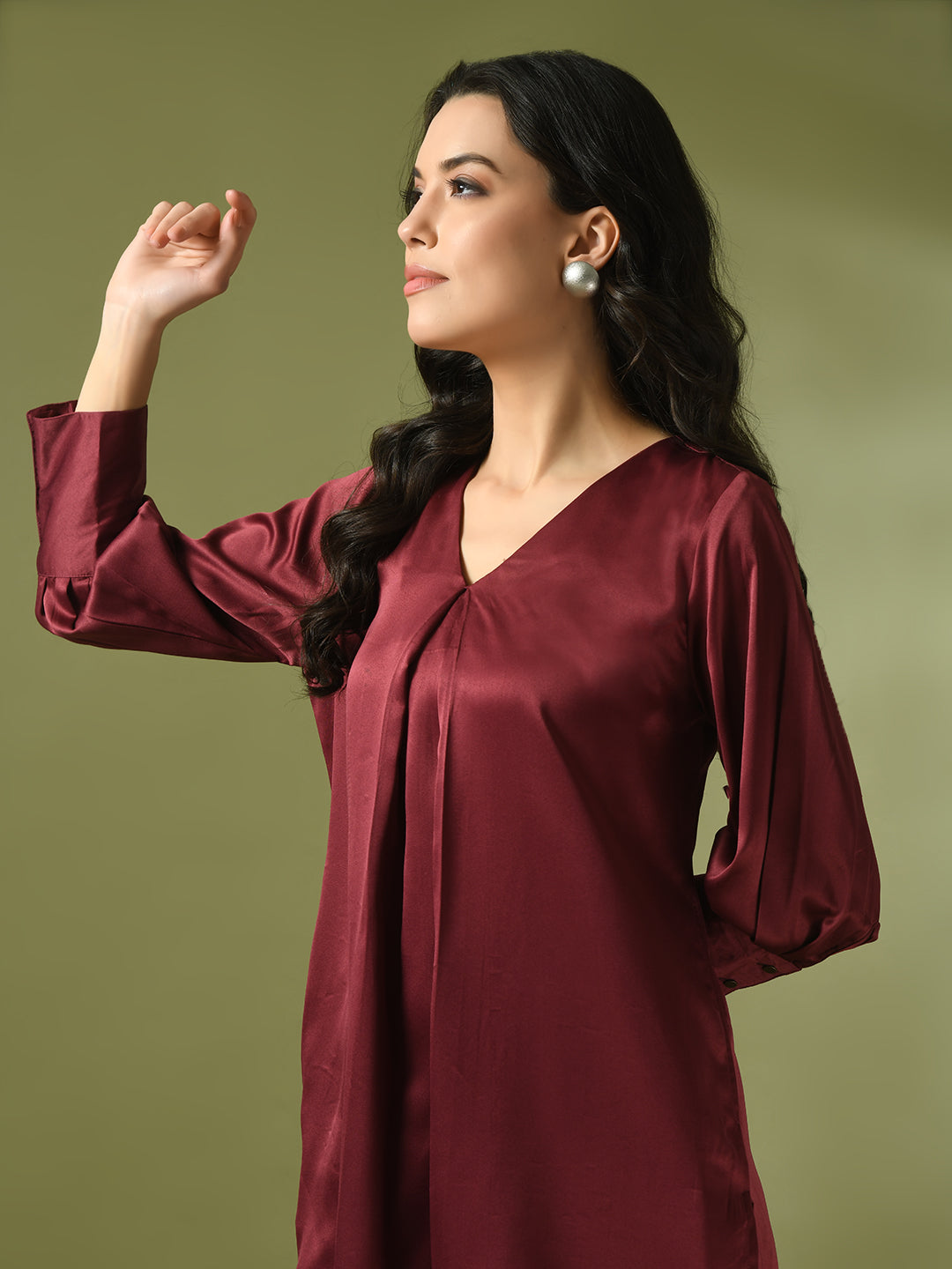 Women's  Maroon Solid Satin V-Neck Party Tunic With Trousers Co-Ord Set  - Myshka
