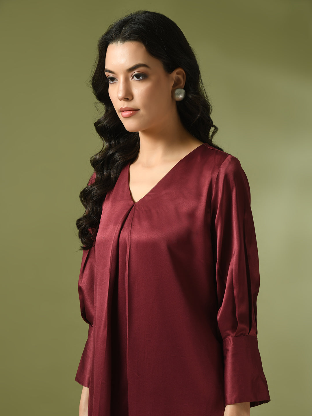 Women's  Maroon Solid Satin V-Neck Party Tunic With Trousers Co-Ord Set  - Myshka
