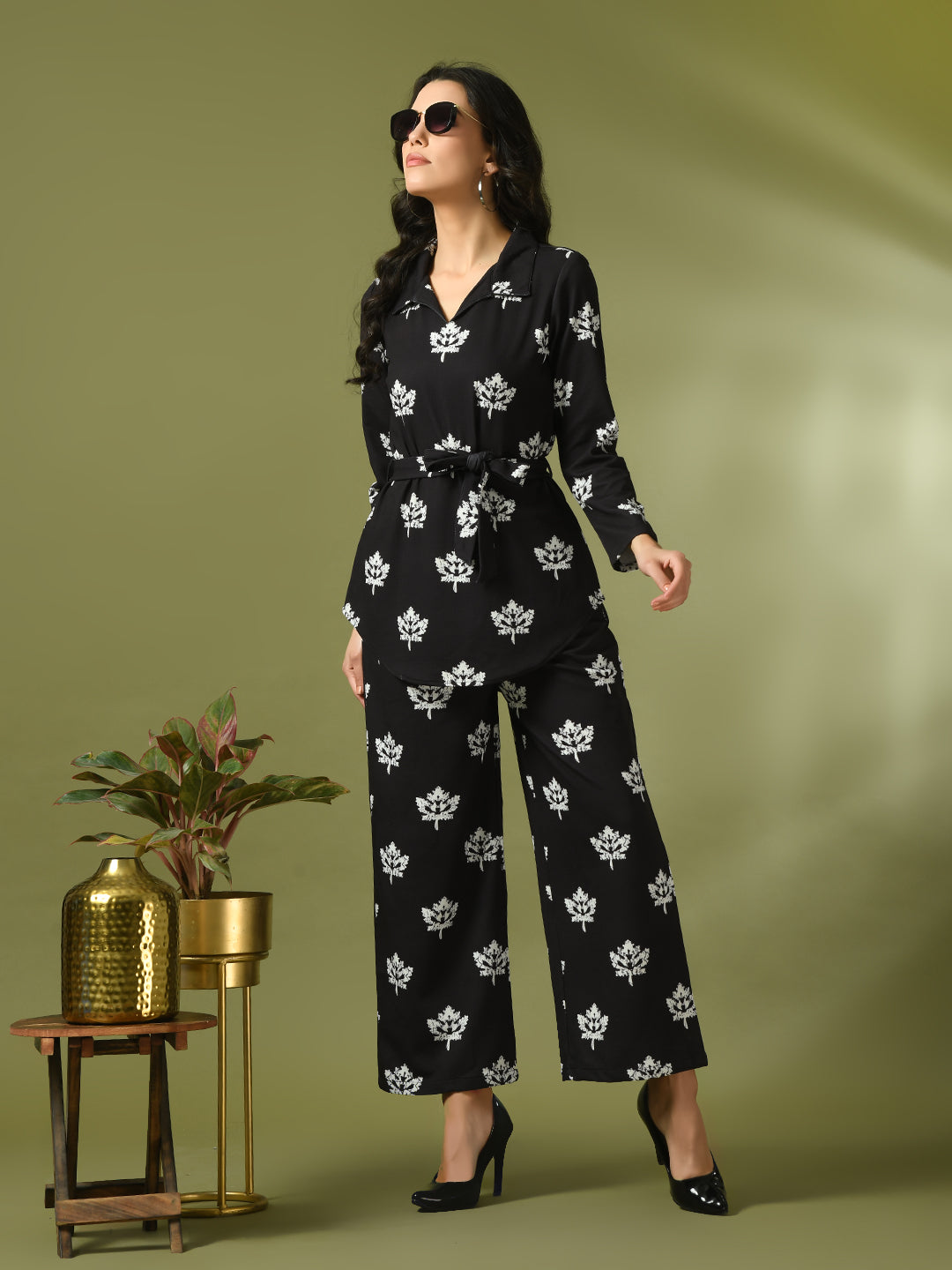 Women's  Black Printed Polo Collar Party Top With Trousers Co-Ord Set  - Myshka