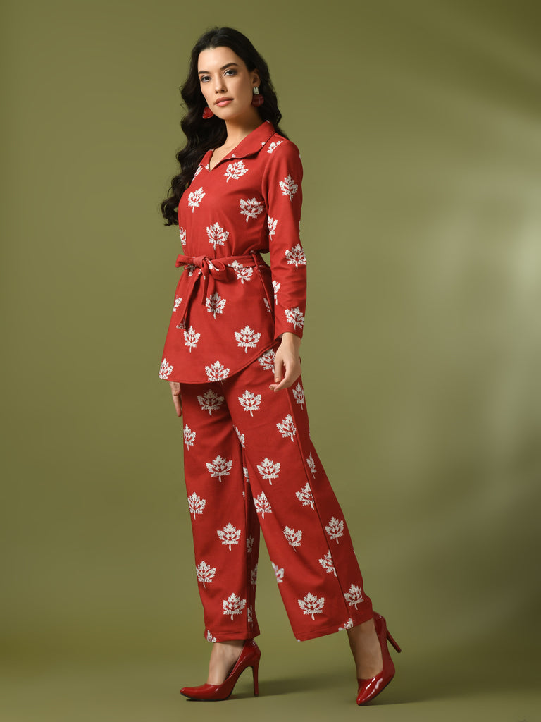 Women's  Rust Printed Polo Collar Party Top With Trousers Co-Ord Set