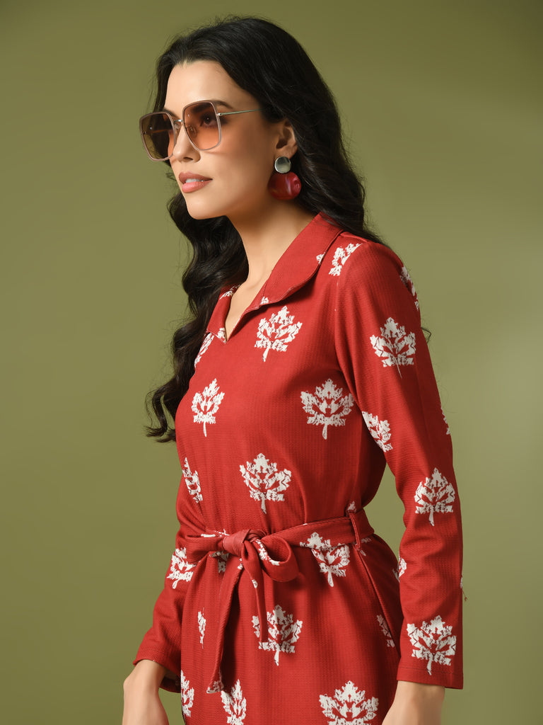 Women's  Rust Printed Polo Collar Party Top With Trousers Co-Ord Set