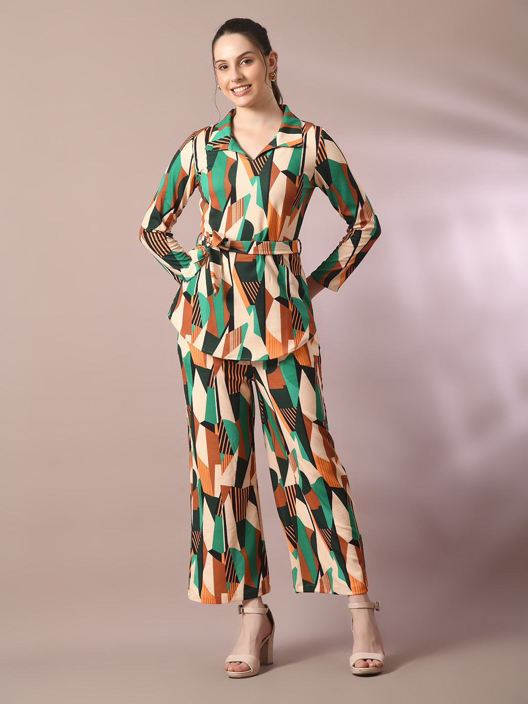 Women's  Multi Printed Polo Collar Party Top With Trousers Co-Ord Set  - Myshka