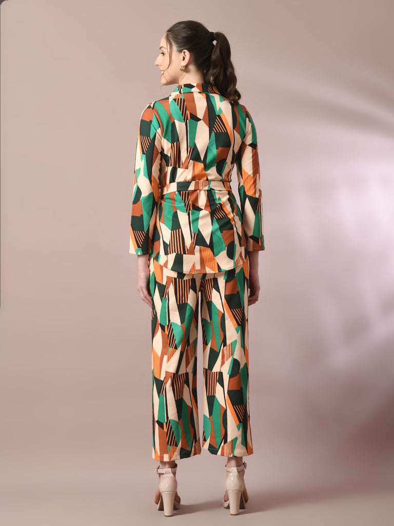 Women's  Multi Printed Polo Collar Party Top With Trousers Co-Ord Set