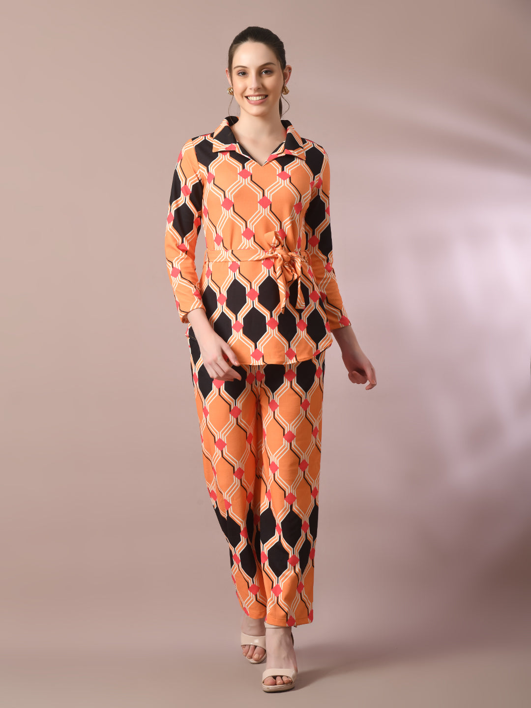 Women's  Multi Printed Polo Collar Party Top With Trousers Co-Ord Set  - Myshka