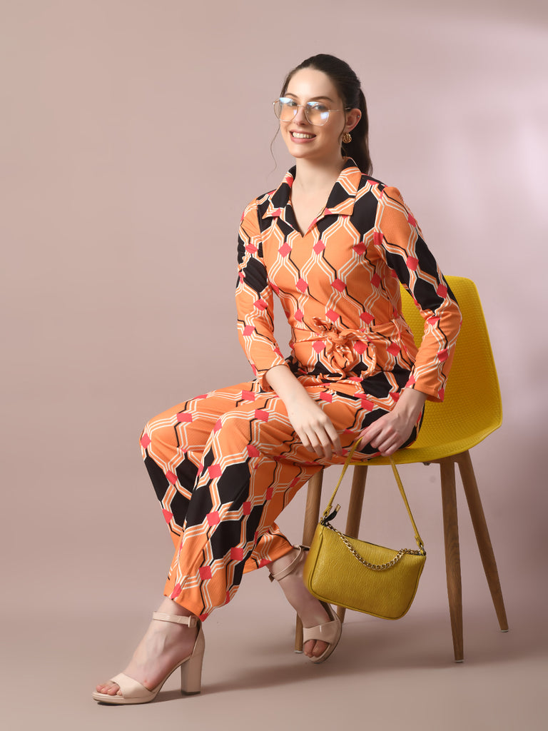 Women's  Multi Printed Polo Collar Party Top With Trousers Co-Ord Set