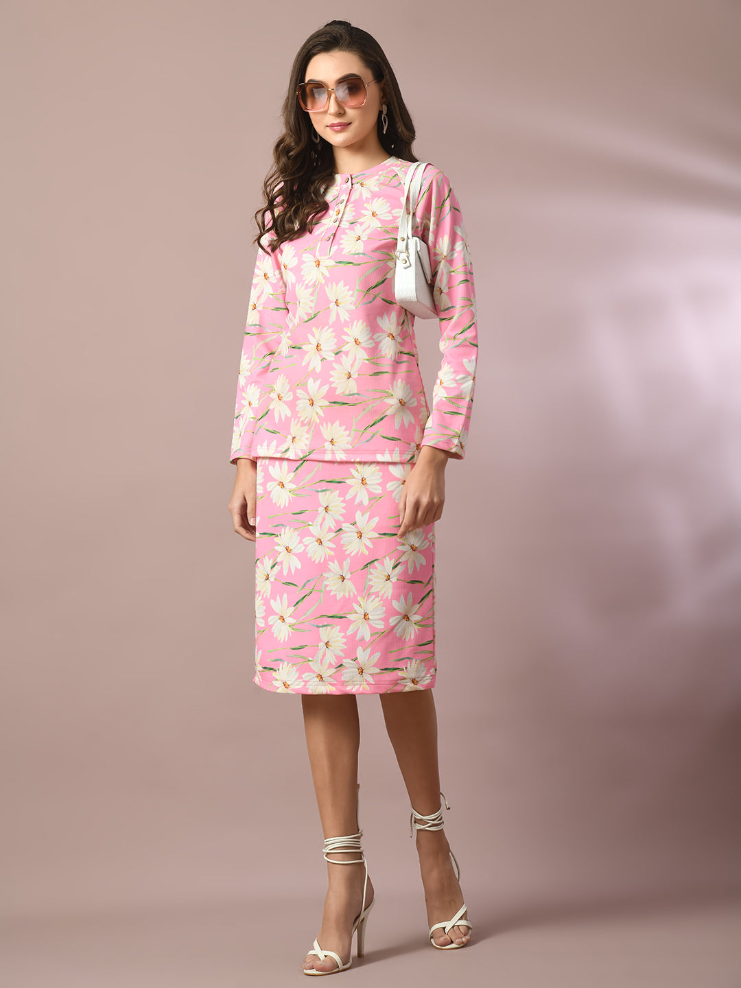 Women's  Pink Printed Round Neck Party Top With Skirt Co-Ord Set  - Myshka