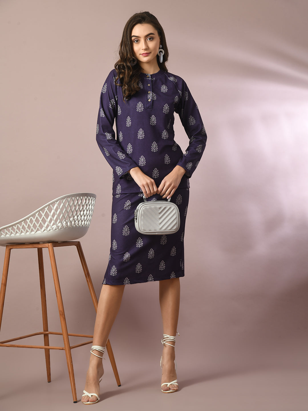 Women's  Navy Blue Printed Round Neck Party Top With Skirt Co-Ord Set  - Myshka