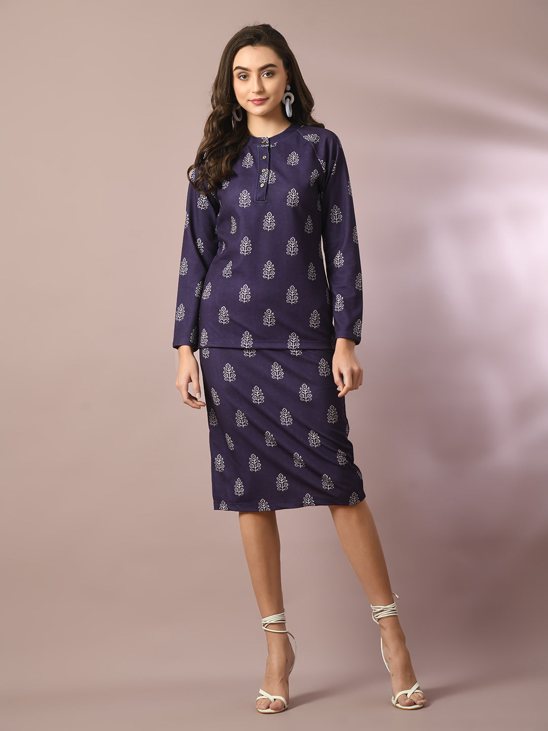 Women's  Navy Blue Printed Round Neck Party Top With Skirt Co-Ord Set  - Myshka