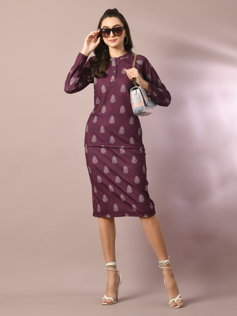 Women's  Magenta Printed Round Neck Party Top With Skirt Co-Ord Set