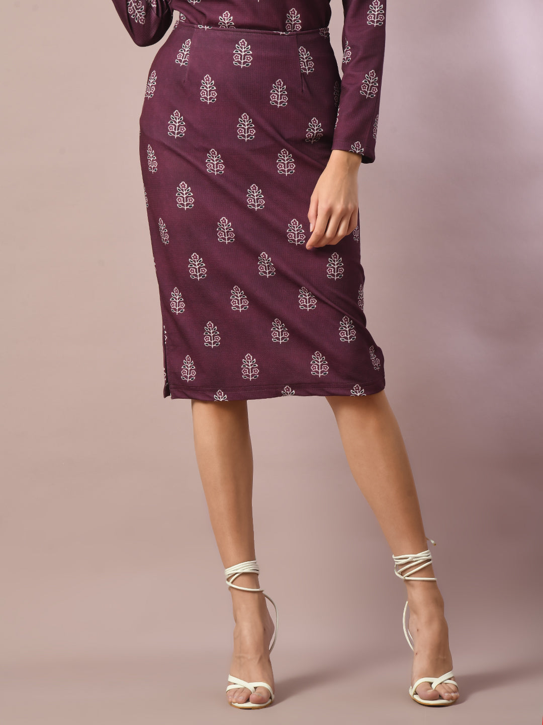 Women's  Magenta Printed Round Neck Party Top With Skirt Co-Ord Set  - Myshka