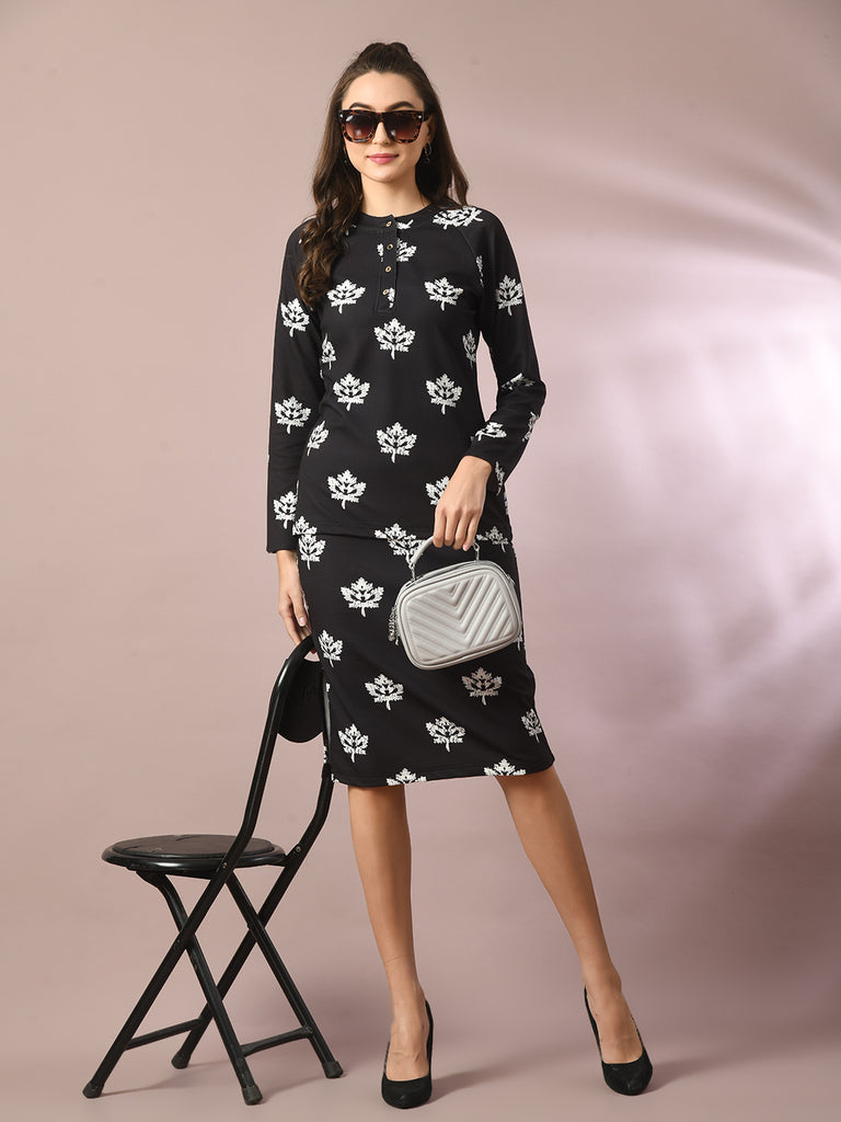 Women's  Black Printed Round Neck Party Top With Skirt Co-Ord Set