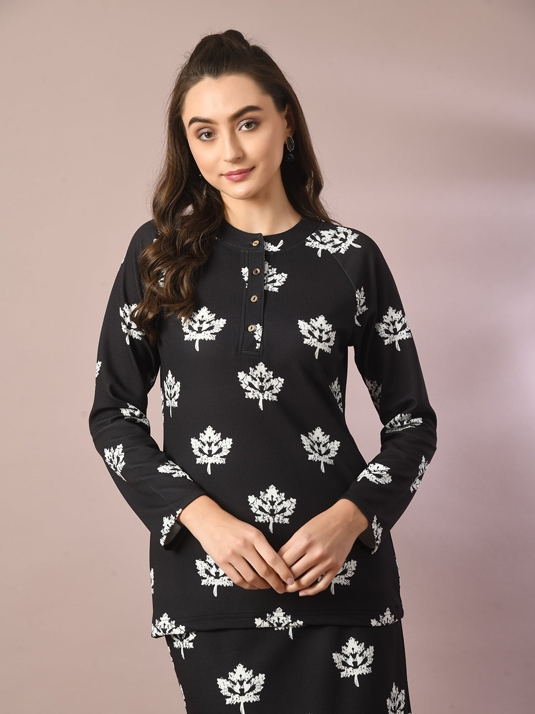 Women's  Black Printed Round Neck Party Top With Skirt Co-Ord Set  - Myshka