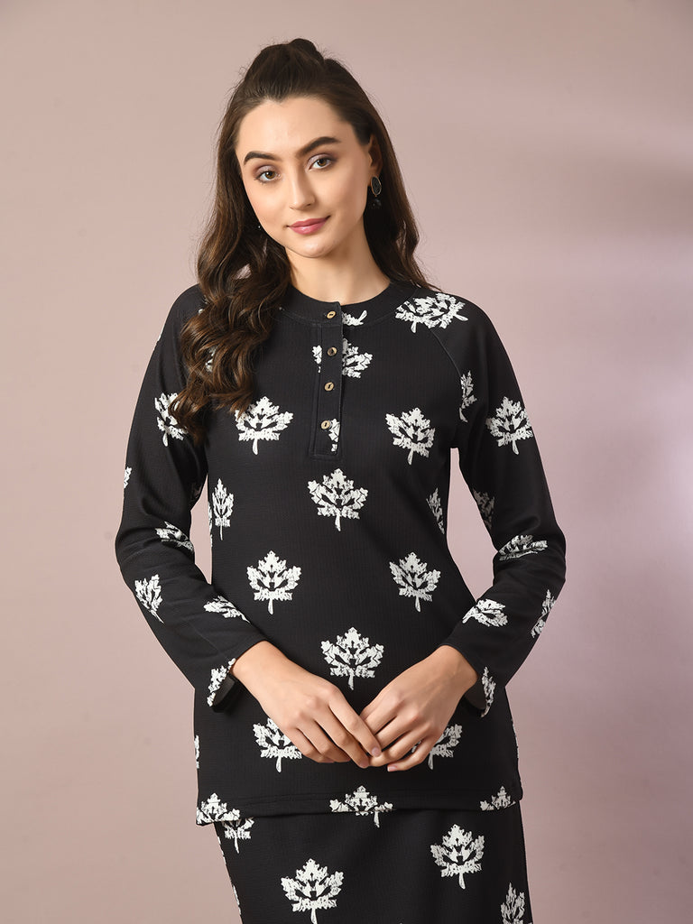 Women's  Black Printed Round Neck Party Top With Skirt Co-Ord Set