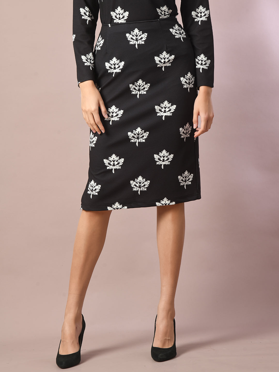 Women's  Black Printed Round Neck Party Top With Skirt Co-Ord Set  - Myshka