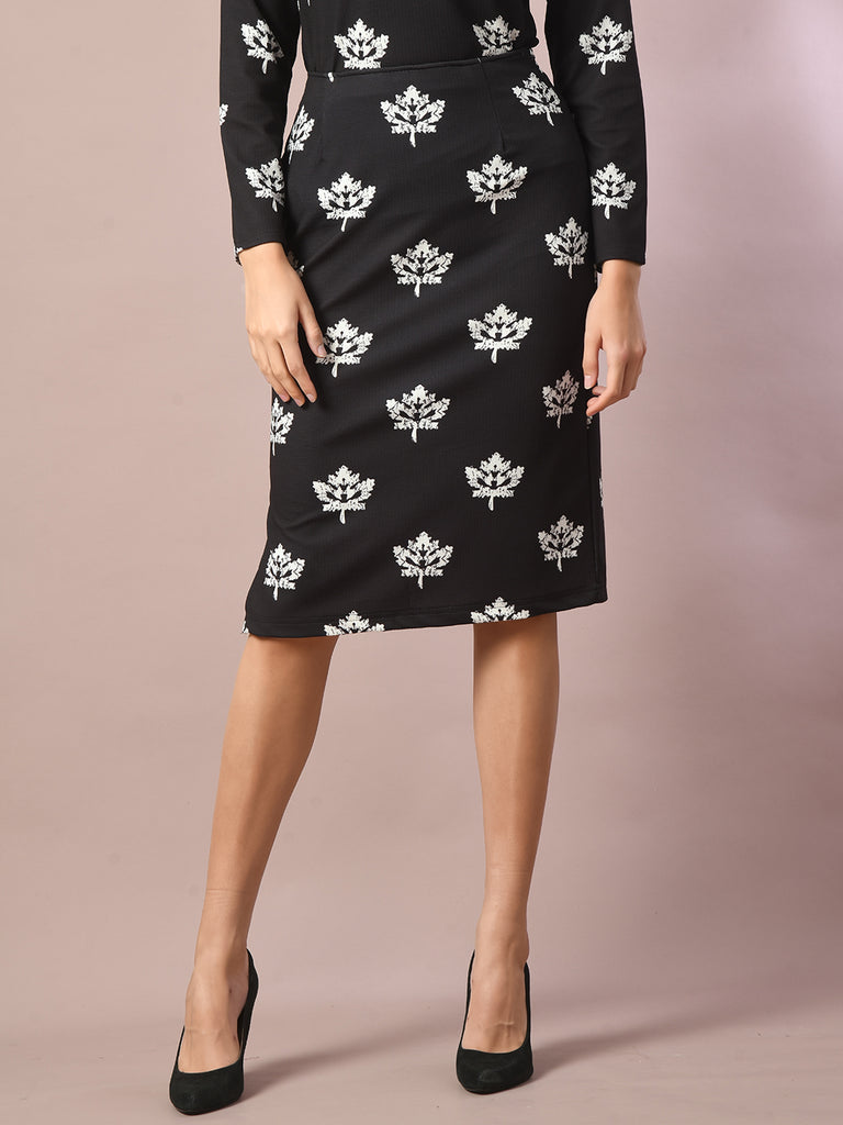 Women's  Black Printed Round Neck Party Top With Skirt Co-Ord Set