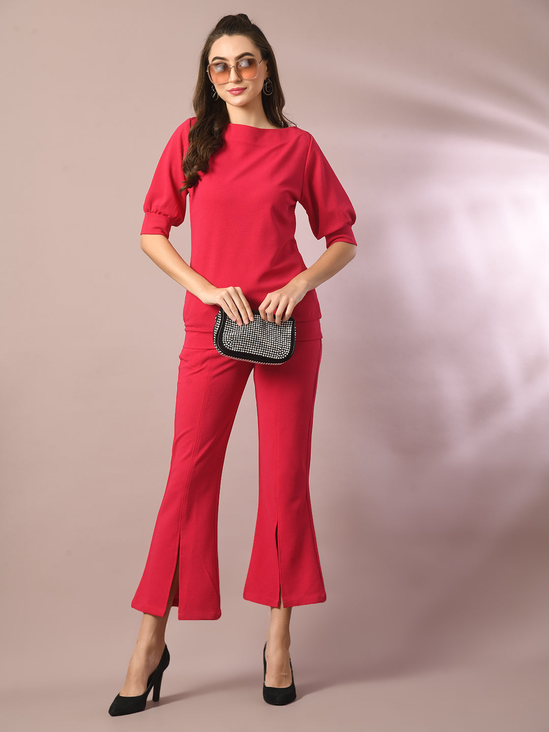 Women's  Pink Solid Boat Neck Party Top With Trousers Co-Ord Set  - Myshka