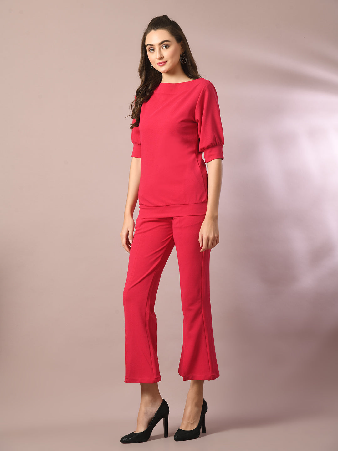 Women's  Pink Solid Boat Neck Party Top With Trousers Co-Ord Set  - Myshka