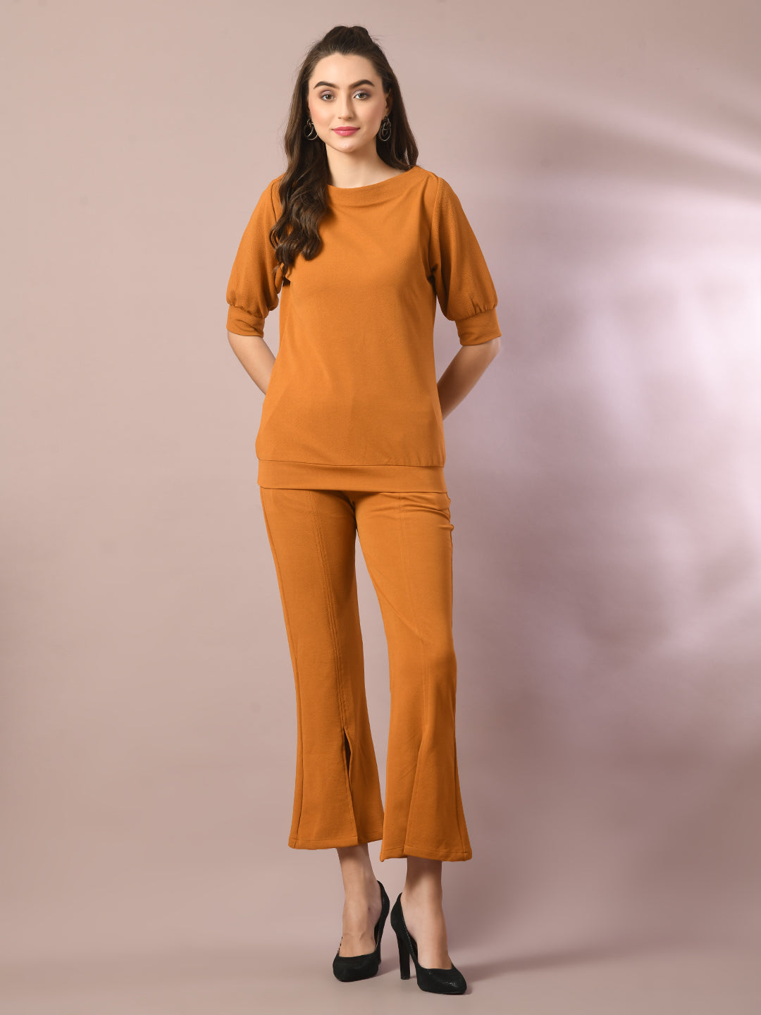 Women's  Mustard Solid Boat Neck Party Top With Trousers Co-Ord Set  - Myshka