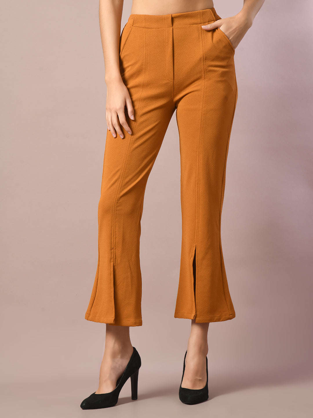 Women's  Mustard Solid Boat Neck Party Top With Trousers Co-Ord Set  - Myshka