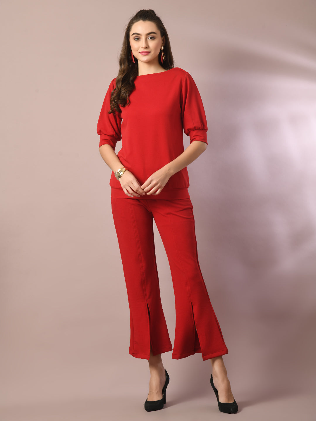 Women's  Red Solid Boat Neck Party Top With Trousers Co-Ord Set  - Myshka