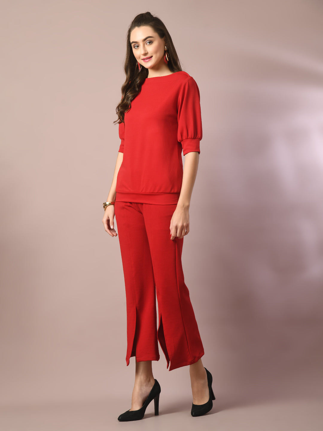 Women's  Red Solid Boat Neck Party Top With Trousers Co-Ord Set  - Myshka