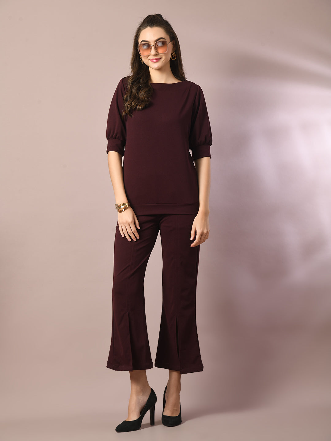 Women's  Coffee Brown Solid Boat Neck Party Top With Trousers Co-Ord Set  - Myshka