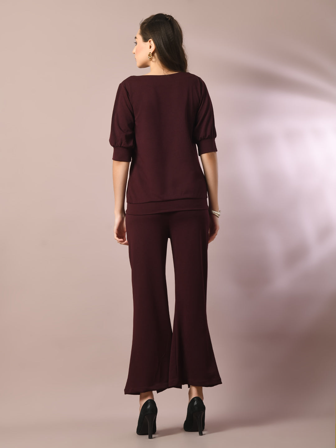 Women's  Coffee Brown Solid Boat Neck Party Top With Trousers Co-Ord Set  - Myshka