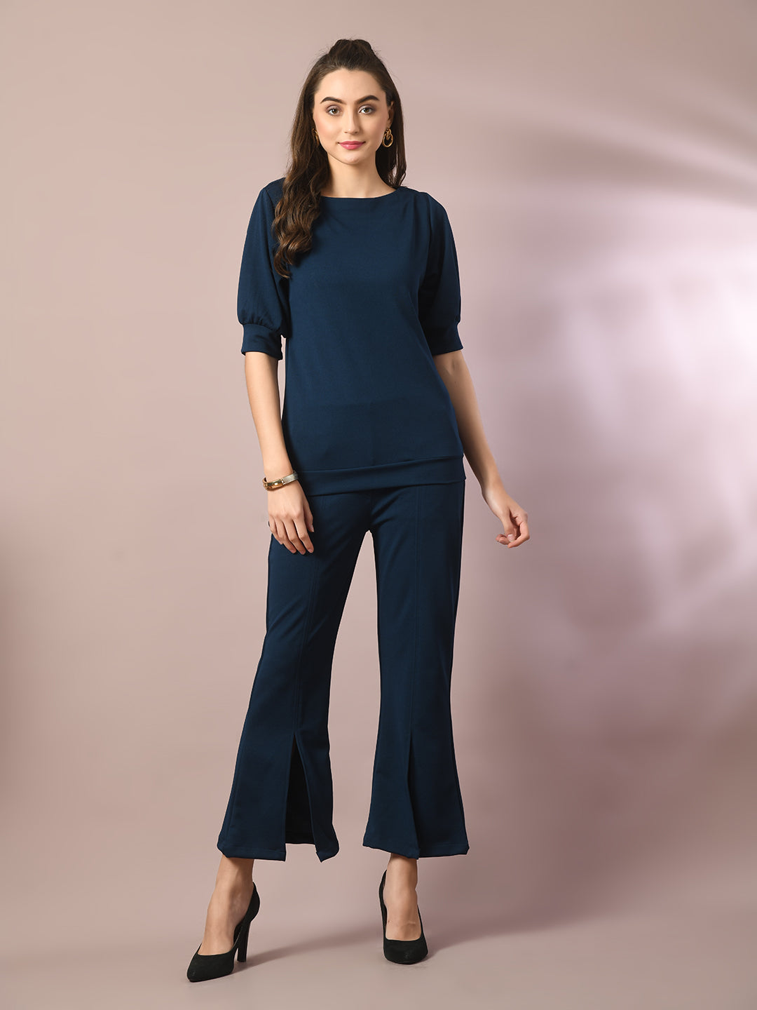 Women's  Blue Solid Boat Neck Party Top With Trousers Co-Ord Set  - Myshka
