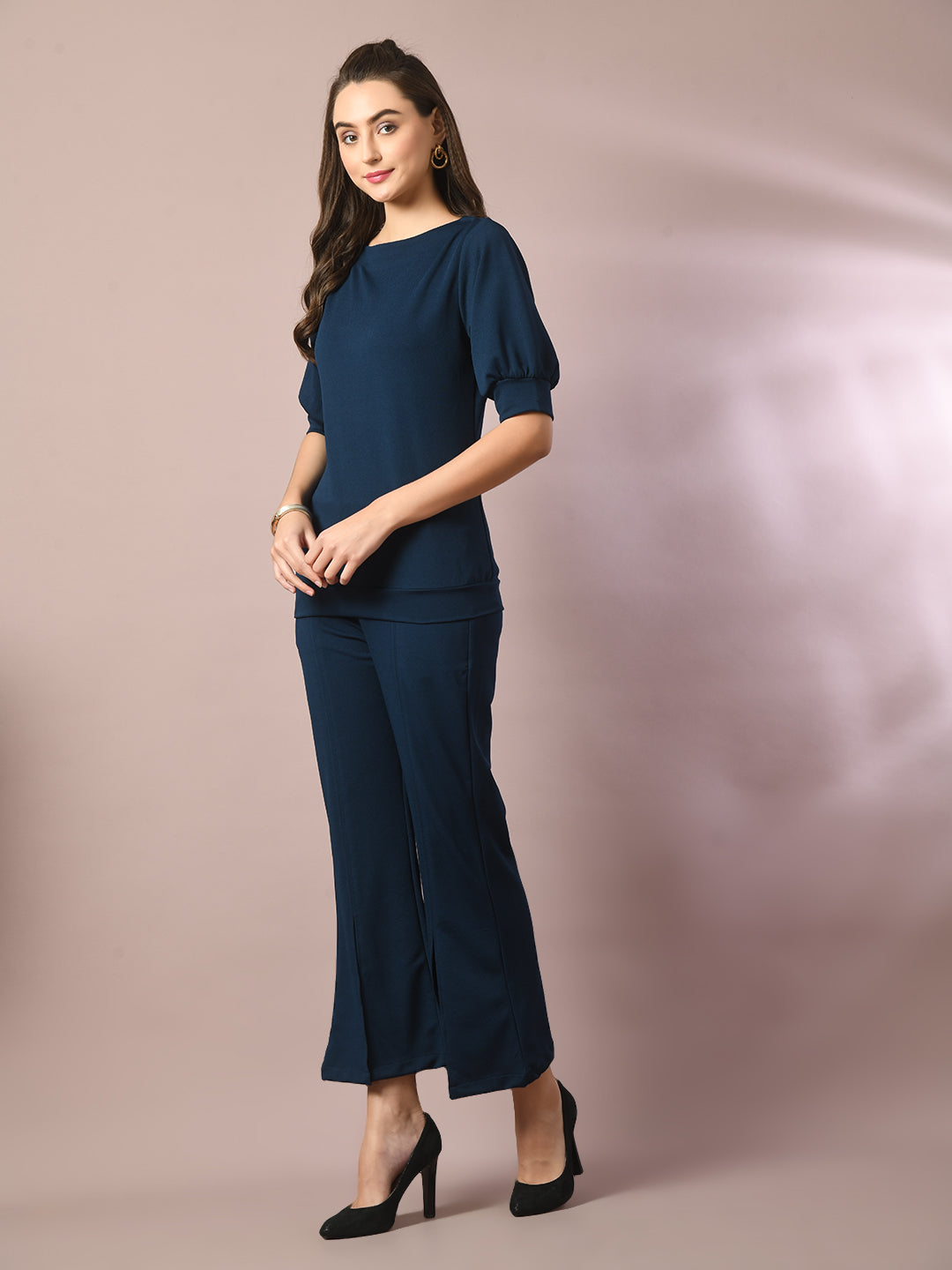 Women's  Blue Solid Boat Neck Party Top With Trousers Co-Ord Set  - Myshka