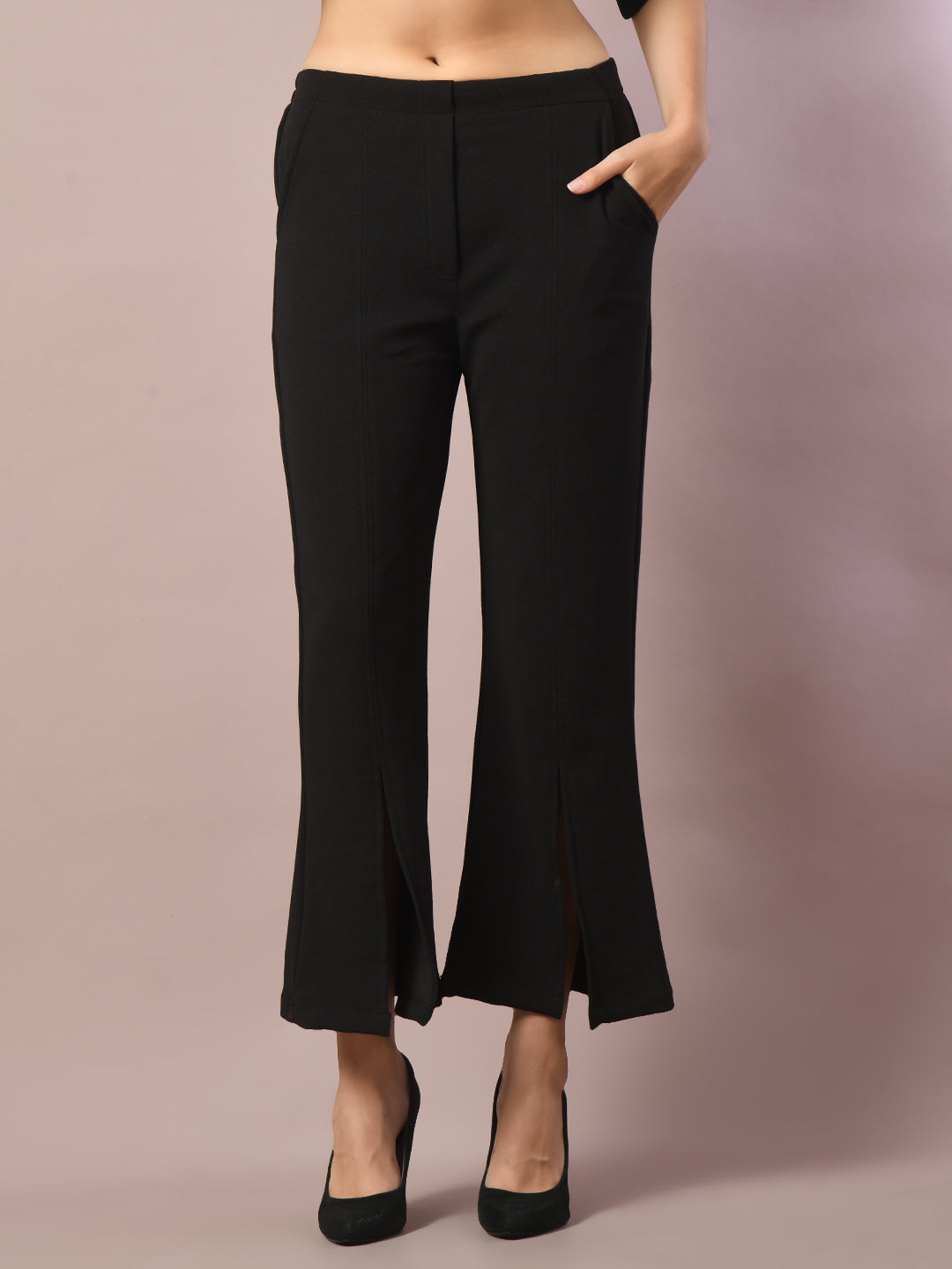 Women's  Black Solid Boat Neck Party Top With Trousers Co-Ord Set  - Myshka